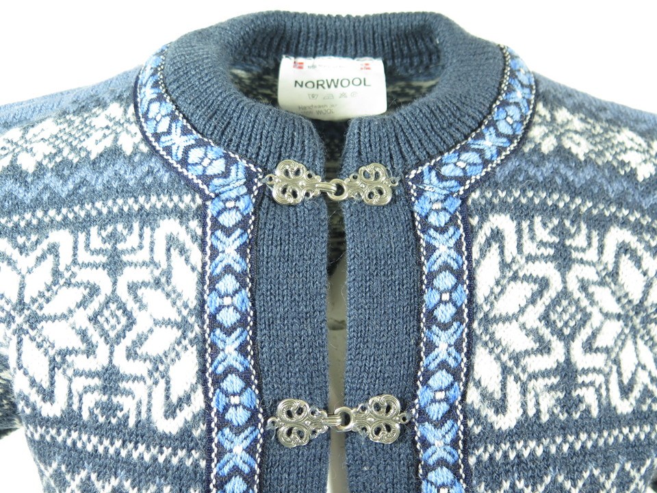 Vintage 90s Norwool Cardigan Sweater Mens L Norwegian Snowflake Pewter ...