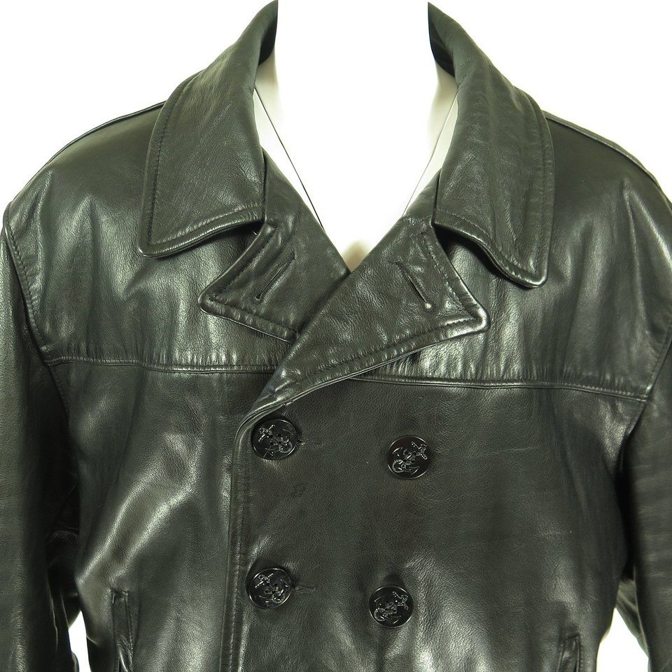 Vintage 80s Schott 740N Leather Pea Jacket Mens 52 Navy Double Breasted ...