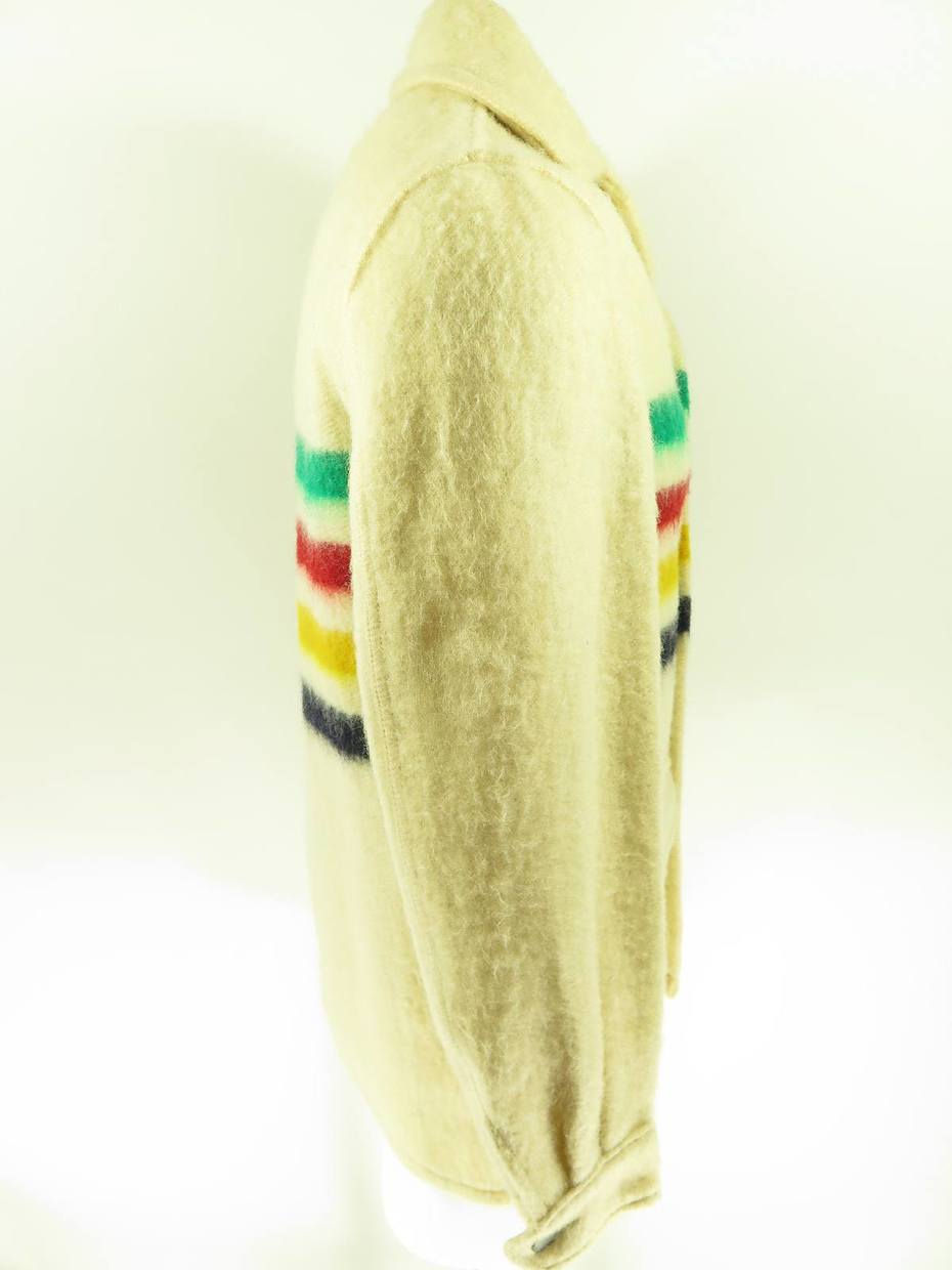 Vtg 70s Hudsons Bay Canada Made 5 Point Stripe Blanket Wool Jacket Mens