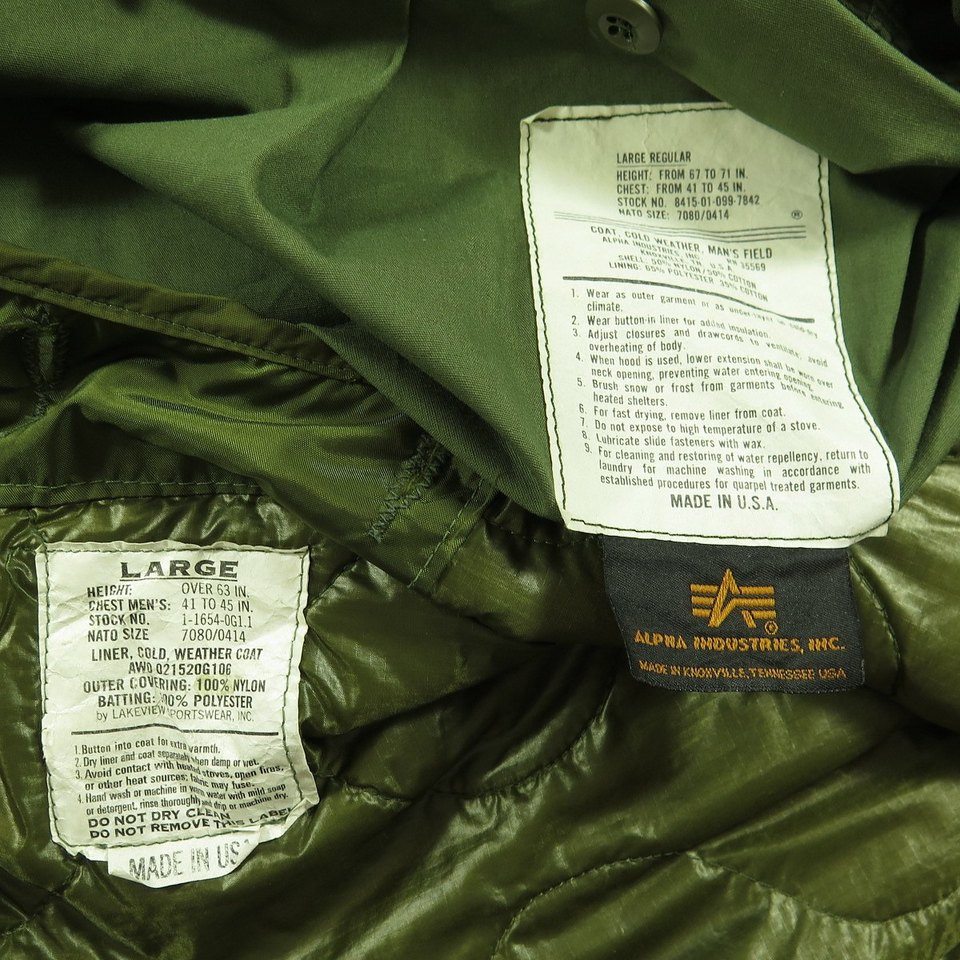 Vintage 80s Alpha Industries M-65 Field Jacket Mens L Additional Liner ...