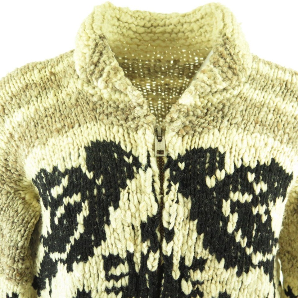 Vtg 70s Bird Motif Wool Cowichan Zip Sweater Mens L Shawl Collar