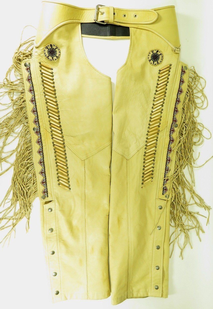 Vintage 90s Southwestern Leather Chaps 40 x 31.5 Western Fringes Beaded ...