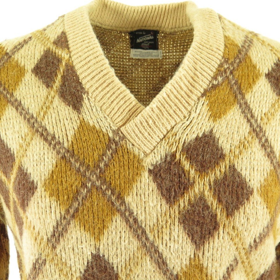 Vintage 60s Argyle Plaid Sweater Mens L Acrylic Mohair National Shirt USA The Clothing Vault