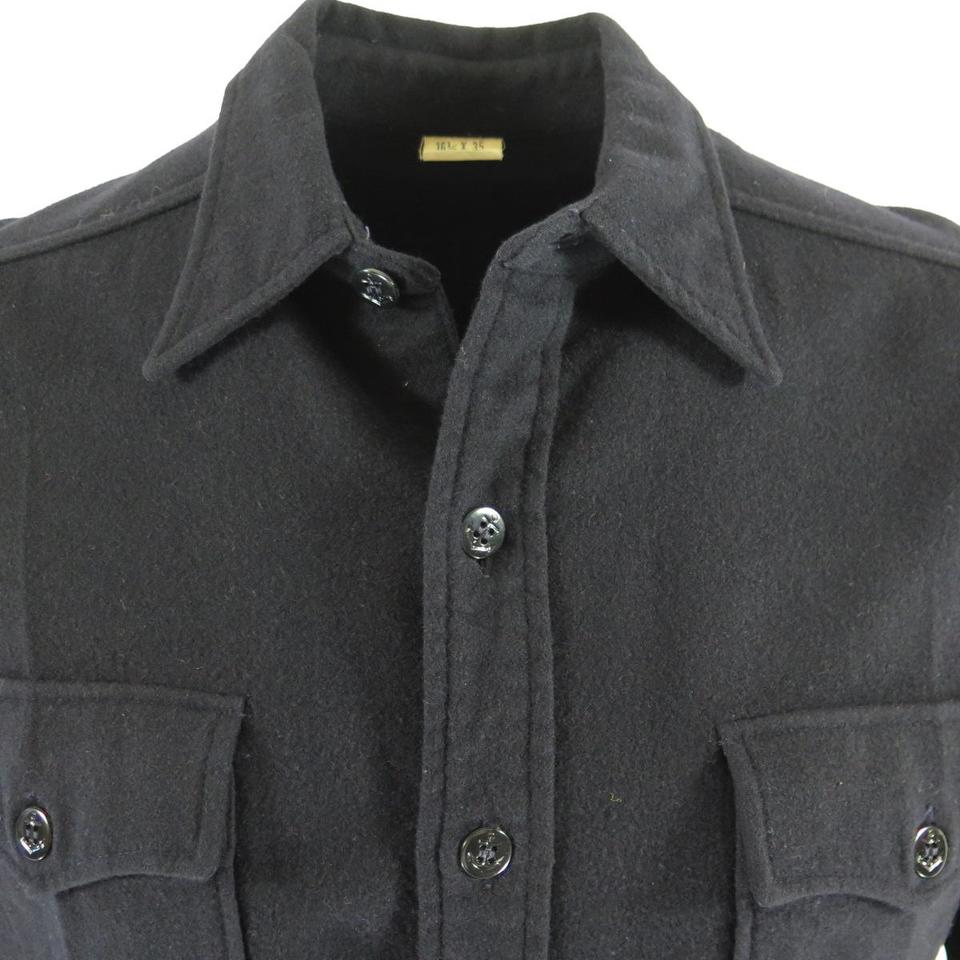 Vintage 70s Navy Wool CPO Boilermaker Shirt Mens L 16.5x35 Flannel