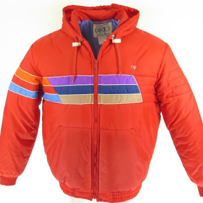 Vintage 80s OP Ocean Pacific Puffy Retro Stripes Ski Hooded Jacket
