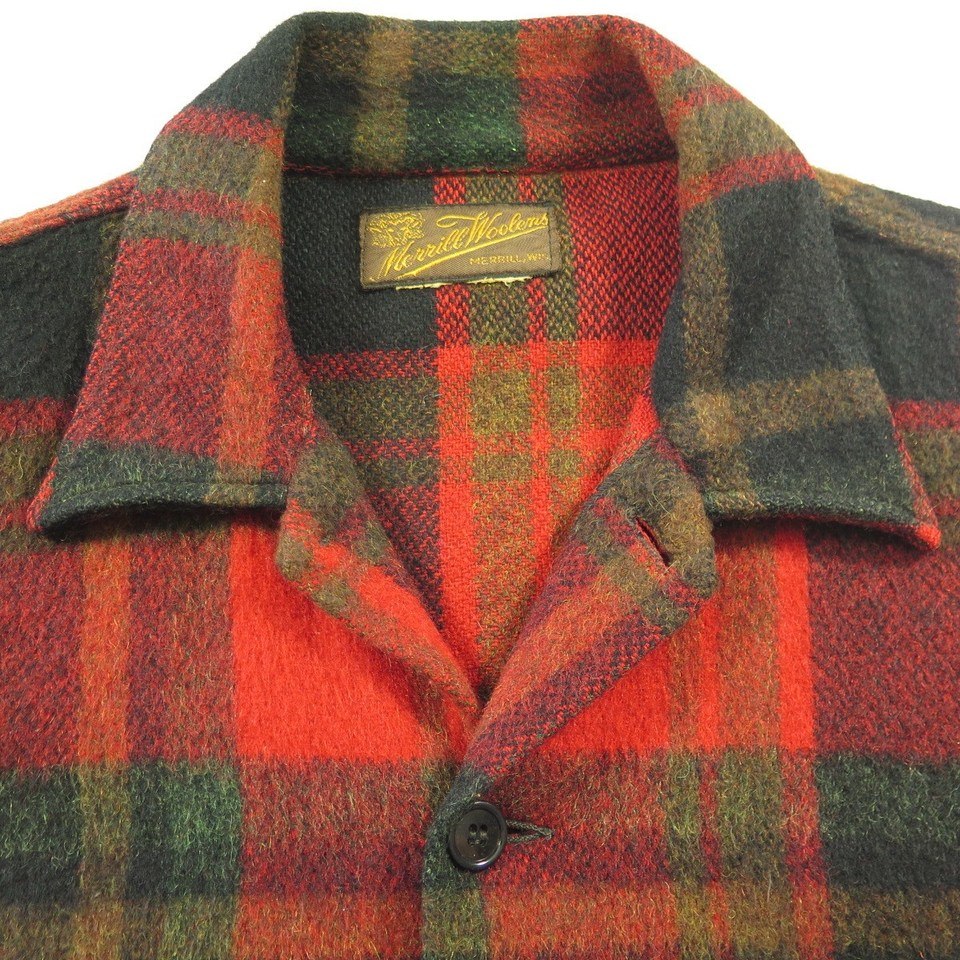 Vintage 50s Merrill Woolens Shirt Mens L Plaid Wool USA Made Flannel ...