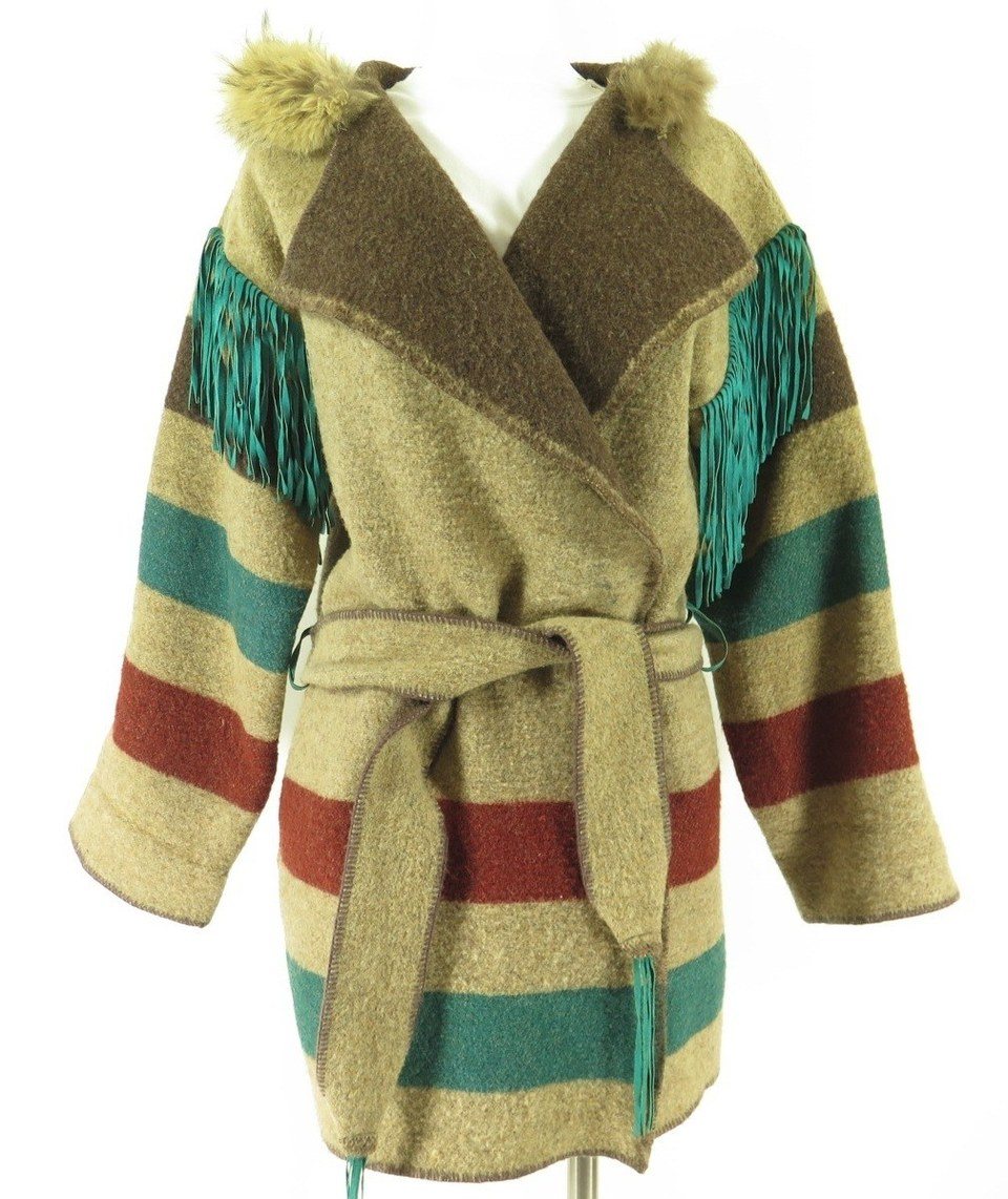 Vintage 90s Wa Kina Point Blanket Coat Womens M Parka Jacket Alaskan Fringes