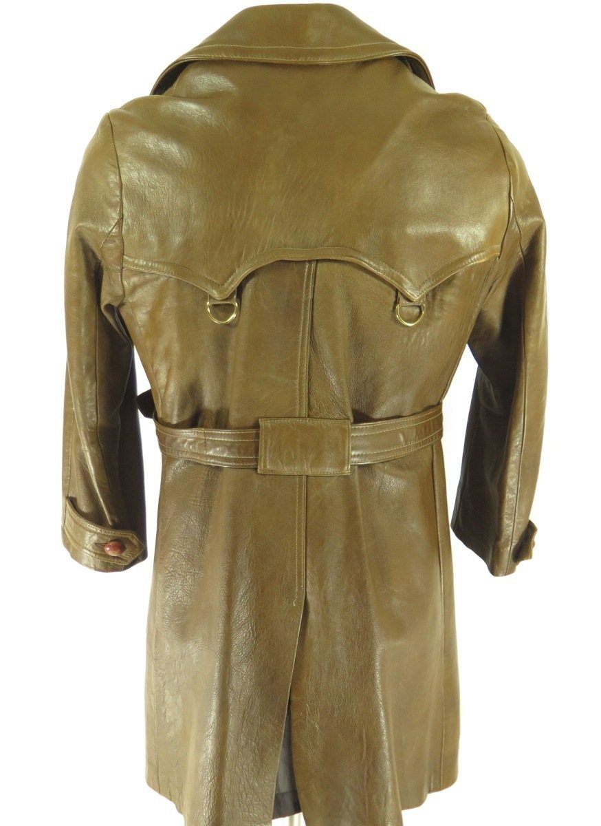 Vintage 70s Cabretta Spy Trench Coat Overcoat Mens M Leather