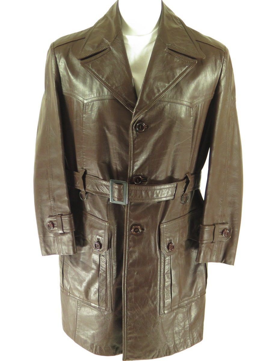 Vintage 70s Leather Spy Trench Coat Men 44 Mcgregor Deadstock Brown ...