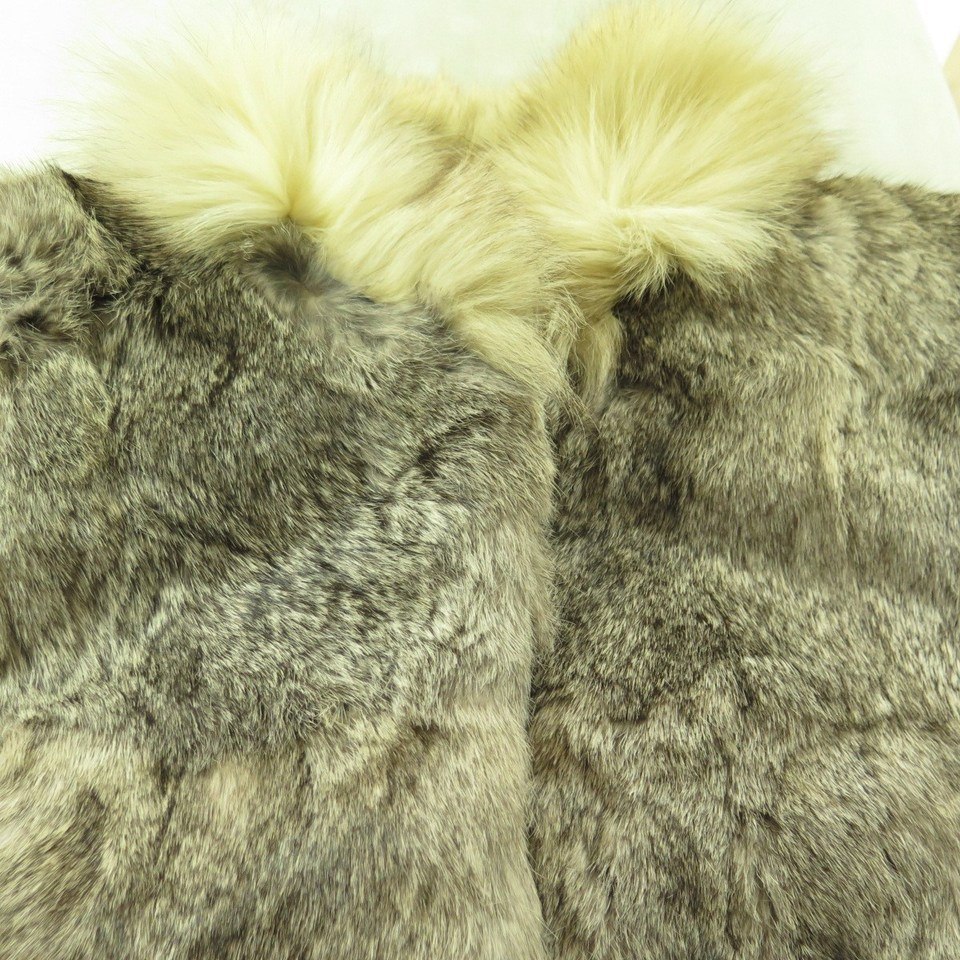 Vintage 70s Rabbit Fur Jacket Womens M Gray White Fox Trim Disco The