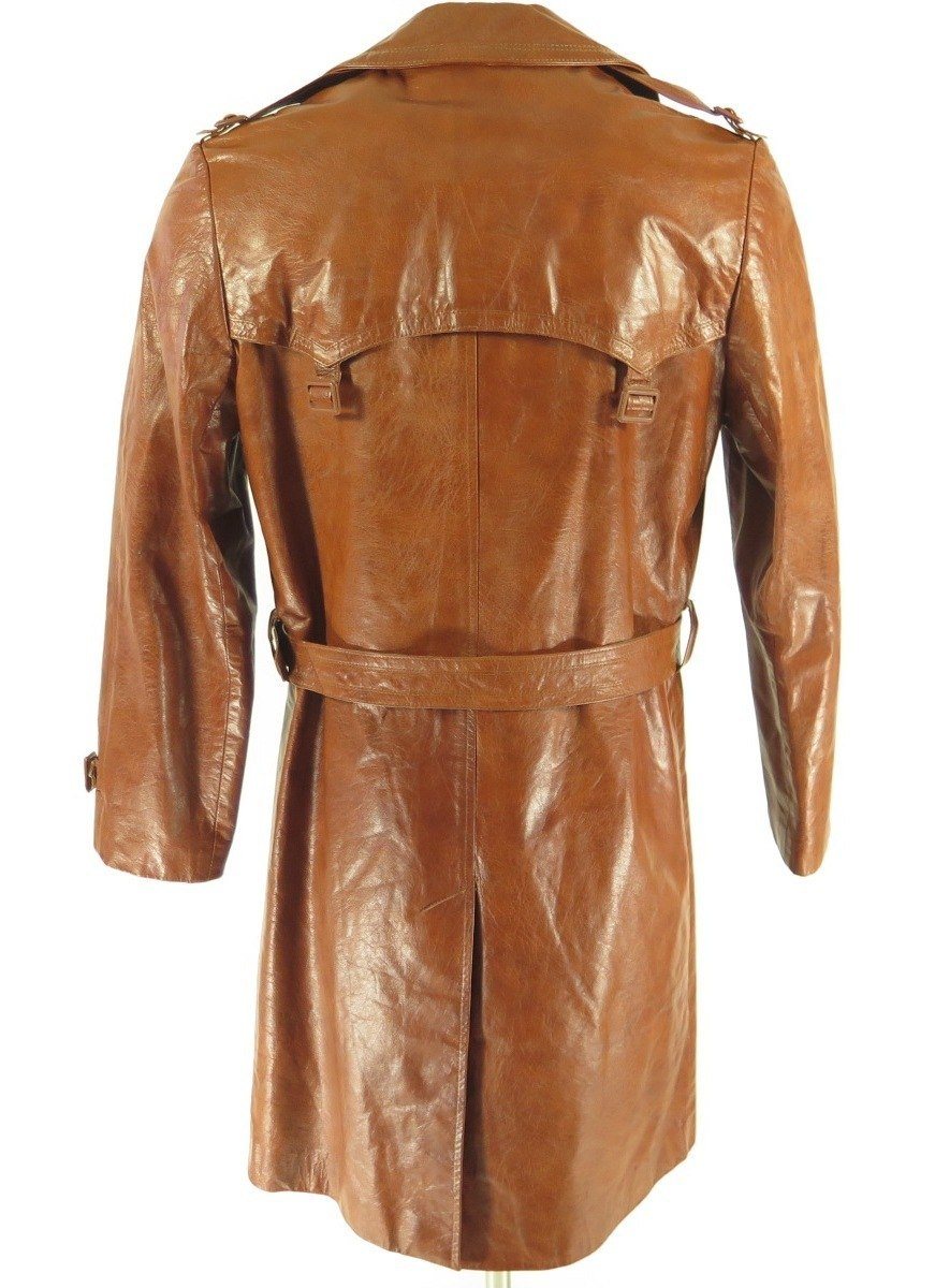 Vintage 70s Brown Leather Spy Trench Coat Overcoat 40 Deadstock The Clothing Vault