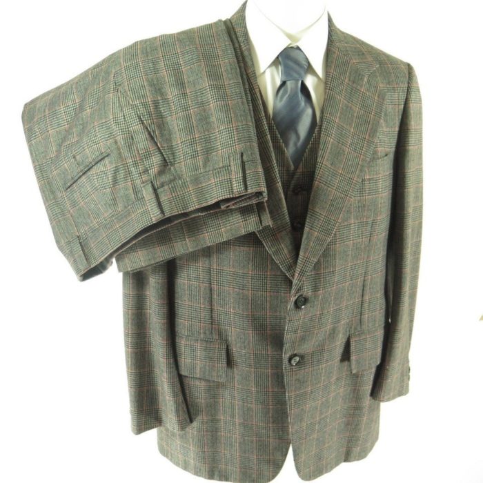 Vintage 70s Prince of Wales 3 pc Suit Jacket Vest Mens 44 Long 