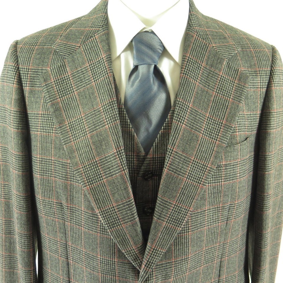 Vintage 70s Prince of Wales 3 pc Suit Jacket Vest Mens 44 Long Plaid ...