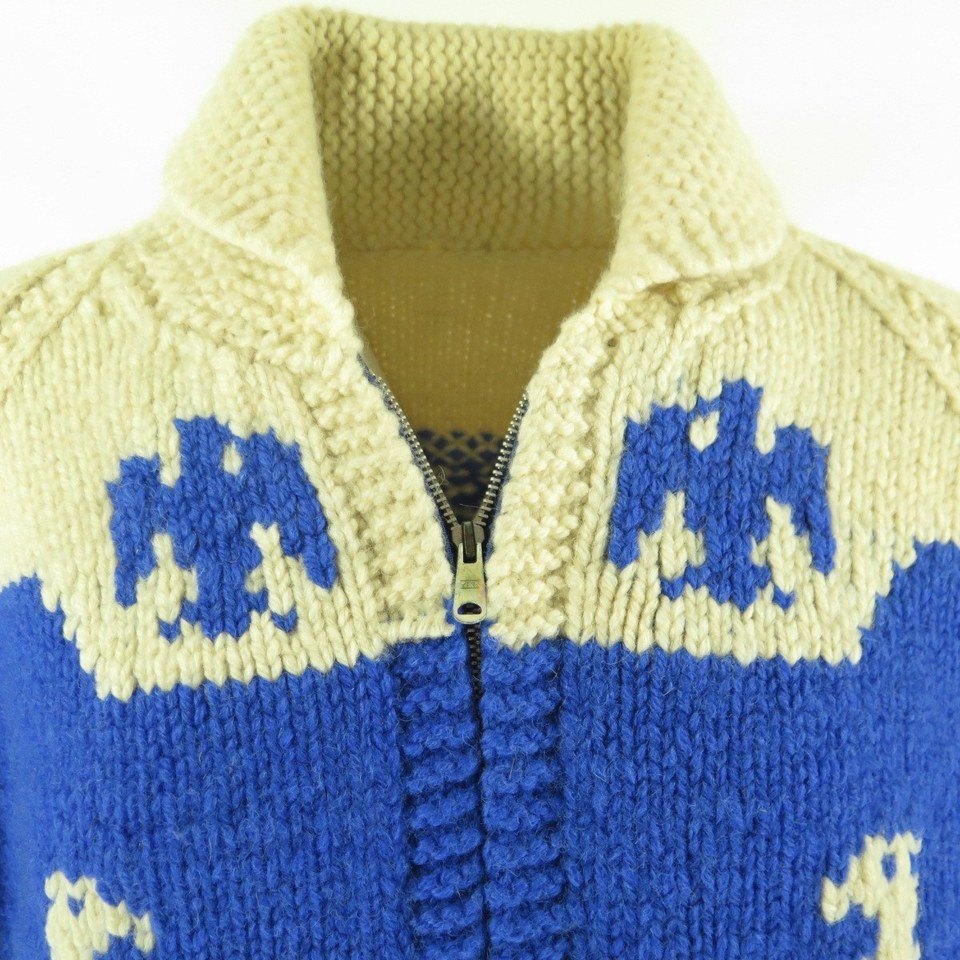 VINTAGE 70s MENS WOOL COWICHAN GRAPHIC KNIT ROCKABILLY CARDIGAN 46” L