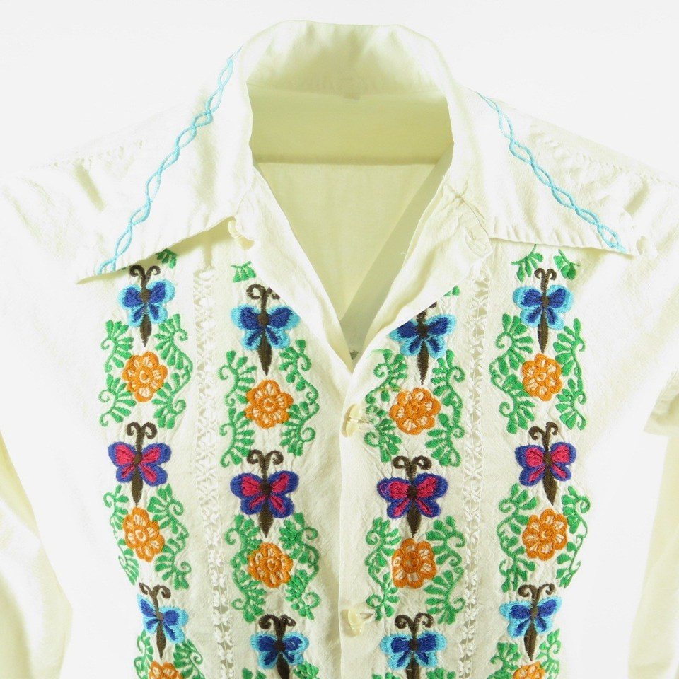 Vintage 60s Embroidered Bees Hippie Shirt Mens 42 Flower Power 