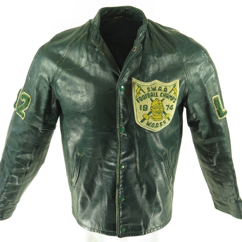 Vintage 70s Knights Varsity All Leather Jacket Mens 40 Patch Football ...