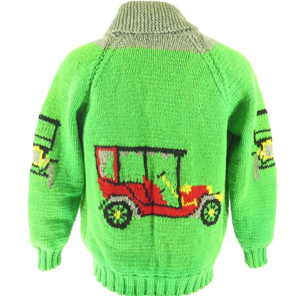 Vintage 60s Cowichan Sweater XL Antique Cars Wool Hand Knit