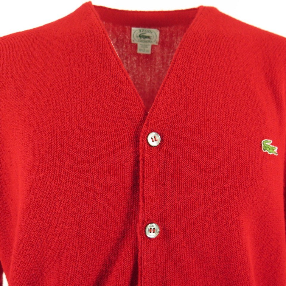 Vintage 70s Izod Lacoste Cardigan Sweater Mens L Red Alligator Patch The Clothing Vault