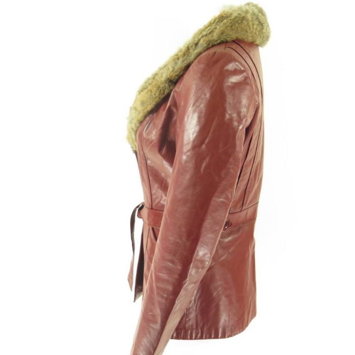 Red-leather-80s-rabbit-fur-womens-belted-jacket-H39O-3