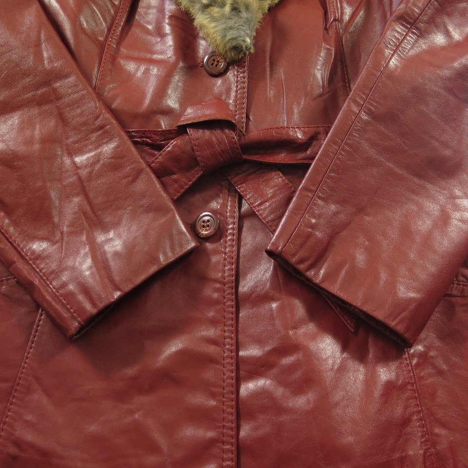 Vintage 90s Rabbit Trim Red Leather Coat Jacket Womens 10