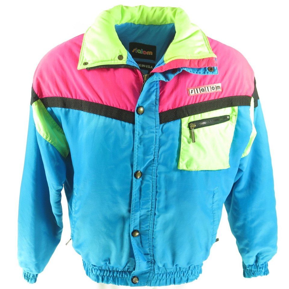 Vintage 80s Ski Jacket Mens M Retro Neon Puffy Puffer Slalom Patch ...