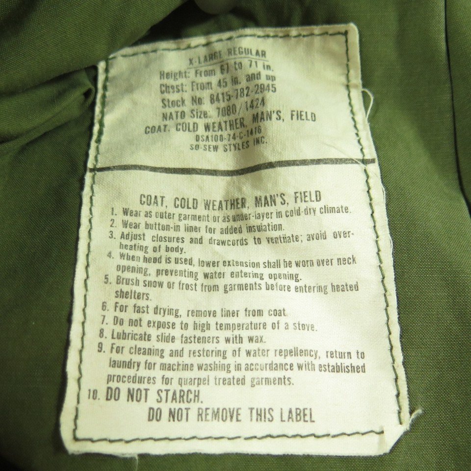 Vintage 70s M-65 Field Jacket Mens XL Vietnam So Sew With Liner OG-107 ...