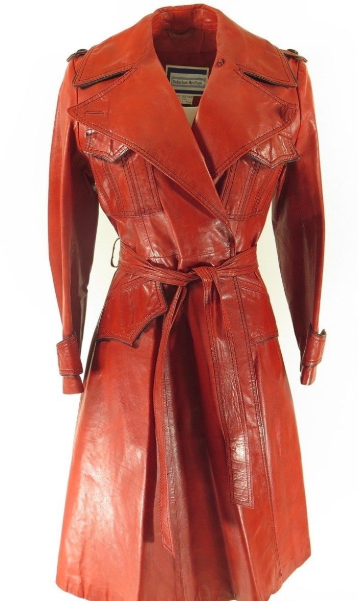 Womens-leather-red-belted-trench-coat-overcoat-H33I-1