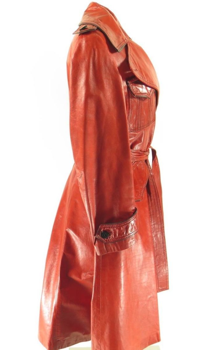 Vintage 80s Red Leather Trench Coat Overcoat Womens 14 Suburban