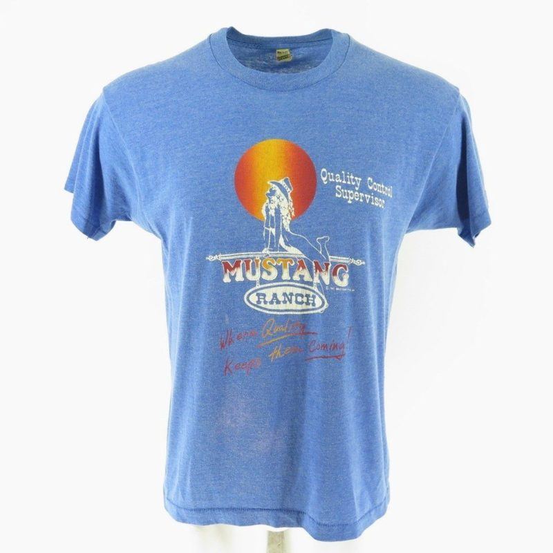 Vintage 80s Mustang Ranch T-Shirt Mens XL 50/50 Blue Print Western ...