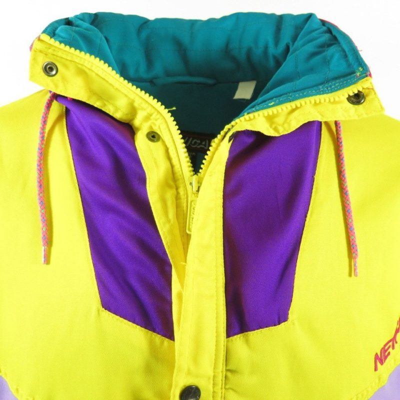 Vintage 80s Nevica Ski Jacket Mens 40 Puffy Hooded Patches Yellow