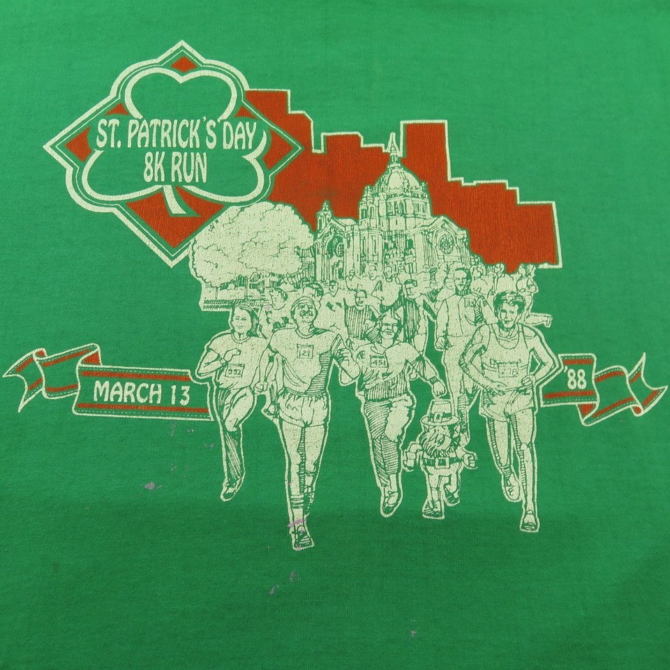 Vintage 80s ST Patricks Day Marathon T-shirt Mens XL Green Clover