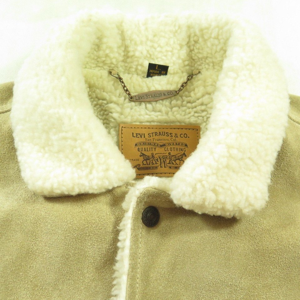 Vintage 90s Levis Suede Trucker Jacket Mens L Sherpa Leather 4