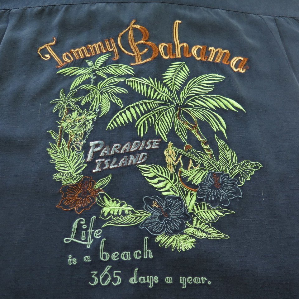 Tommy Bahama Shirt Mens L Hawaiian Silk Paradise Island Life is a Beach ...