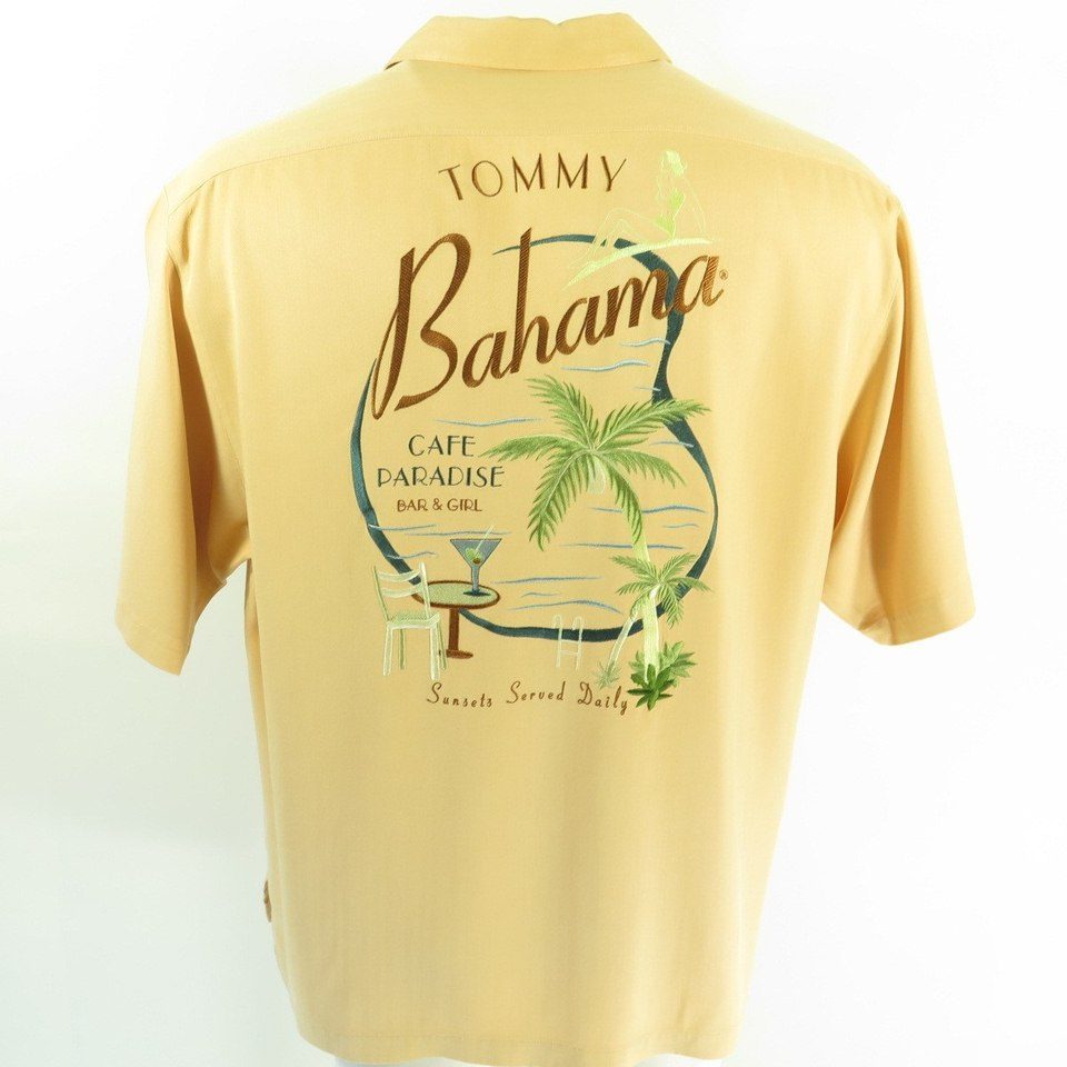 Tommy Bahama Shirt Mens L Hawaiian Silk Cafe Paradise Embroidered
