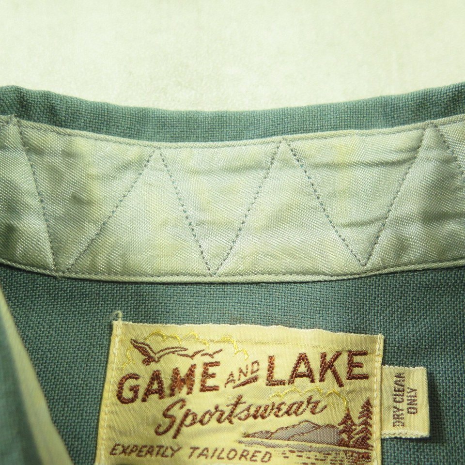 Vintage 40s Gabardine Shirt Mens S Asymetric Bakelite Game Lake