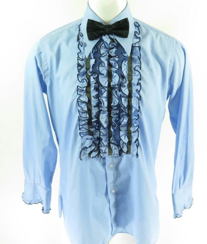 Vintage 70s Ruffle Tuxedo Shirt Mens L 16-34 After Six Formal Blue ...