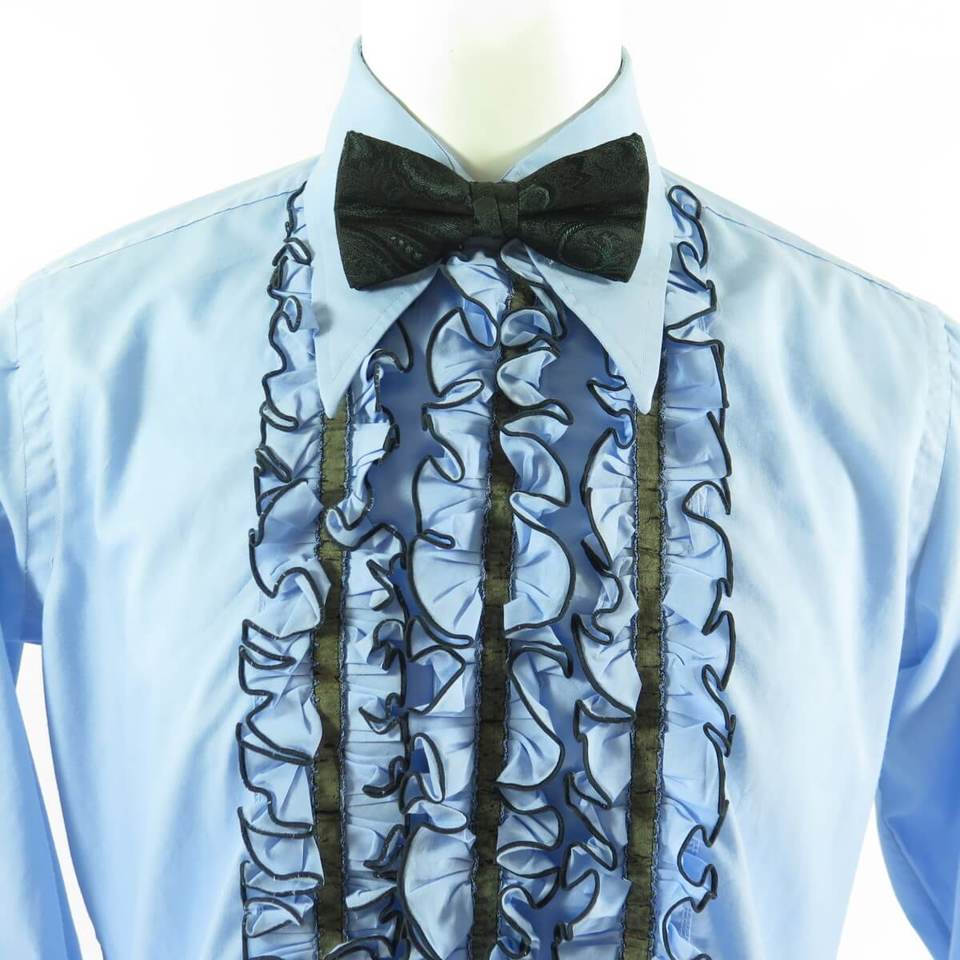 Vintage 70s Ruffle Tuxedo Shirt Mens L 16-34 After Six Formal Blue ...