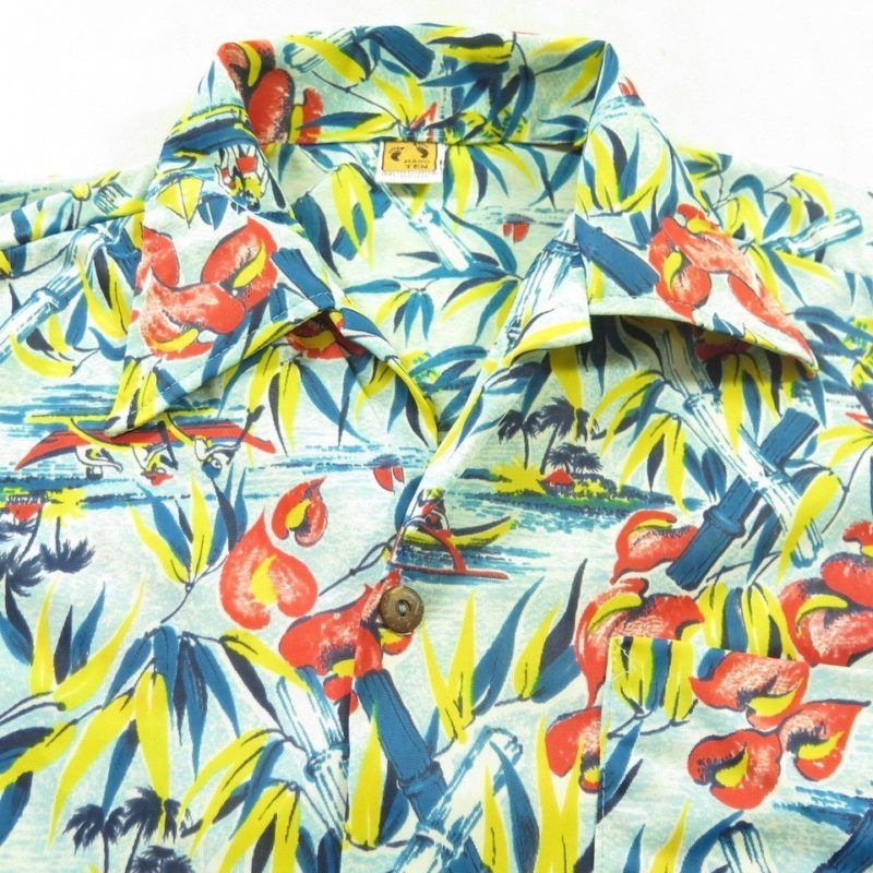 Vintage 60s Hang Ten Hawaiian Shirt Mens Medium Tropical Beach Poly ...