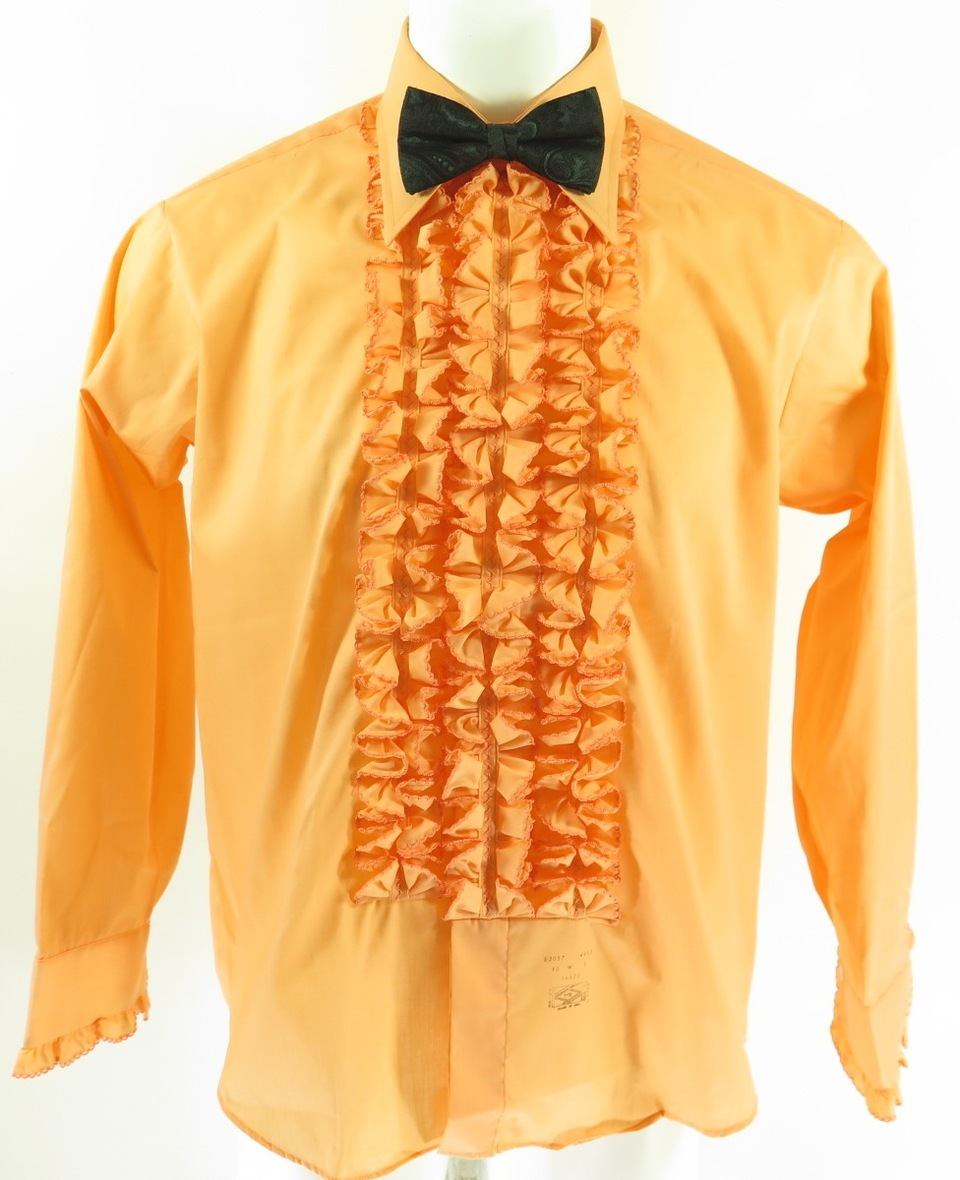VINTAGE RUFFLE Tuxedo Shirt  Orange Ruffle has brown trim button on any shirt 