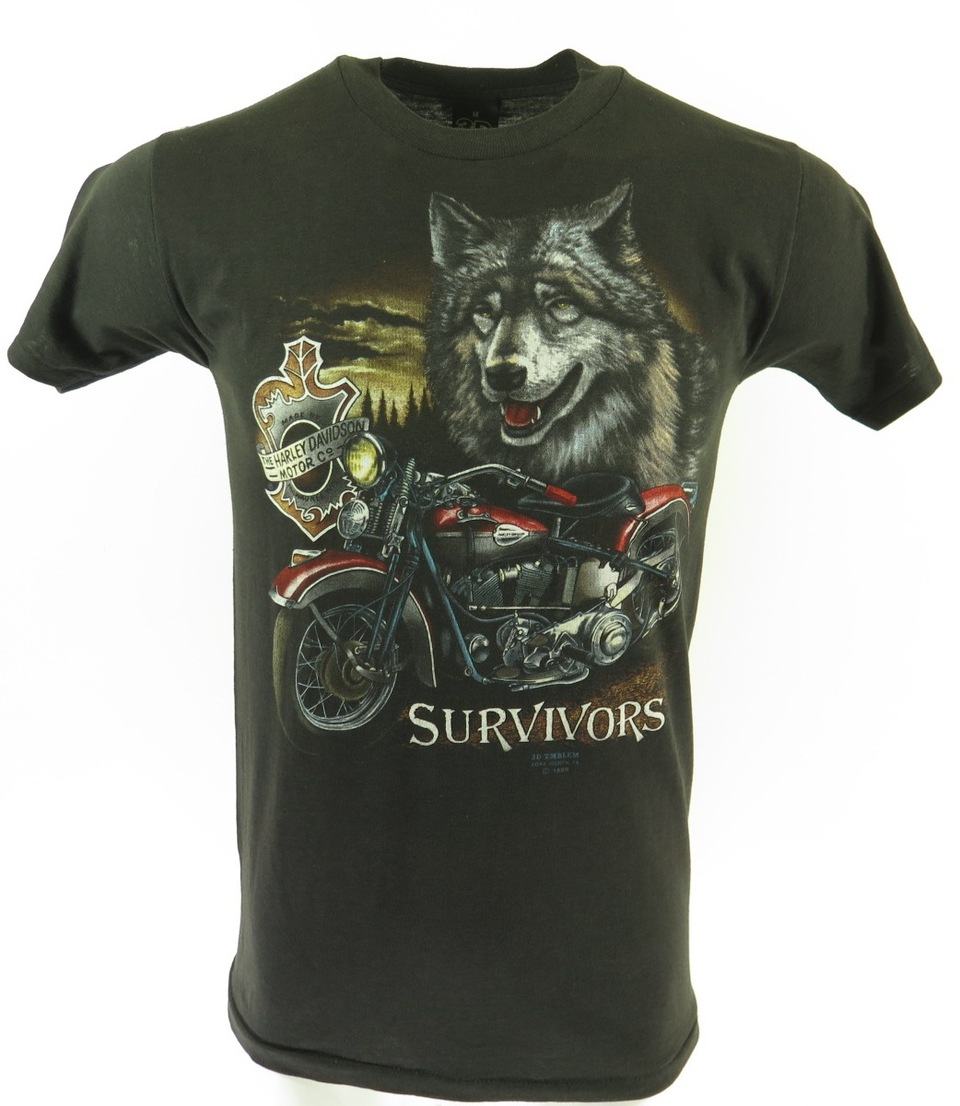 Vintage 1989 3D Emblem Harley Davidson T Shirt Wolf Survivors Black Unisex XL