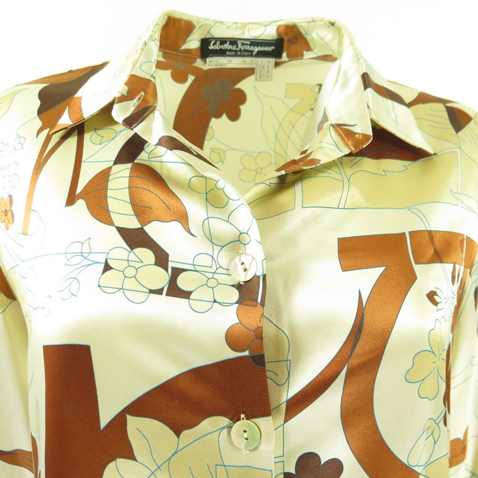 Salvatore Ferragamo Silk Blouse Womens 4 Italy Made Floral Beige