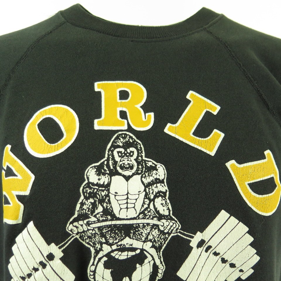 Vintage 80s World Gym Sweatshirt Mens L 50/50 Denver Colorado Gorilla Hanes  | The Clothing Vault