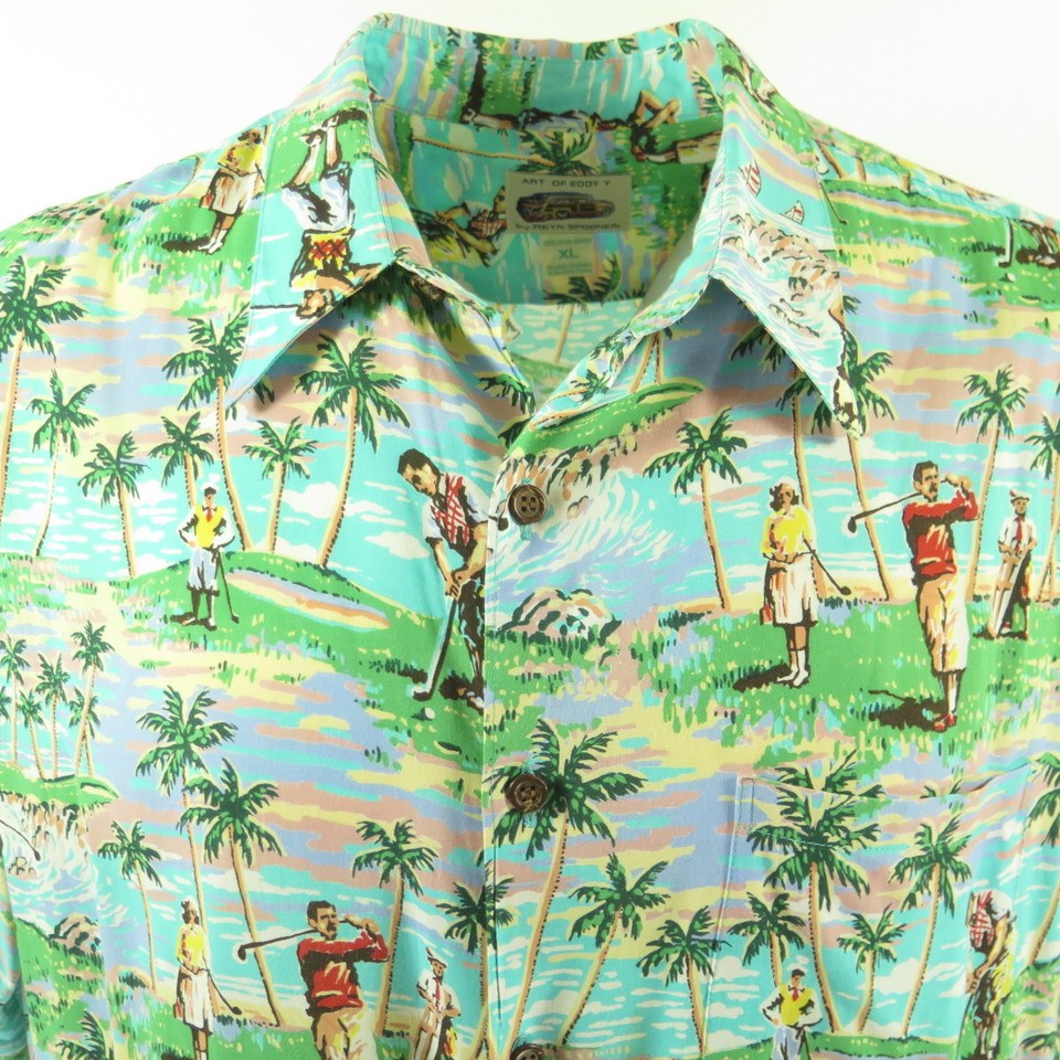 Vintage 90s Reyn Spooner Shirt Mens XL Hawaiian Golf Print Art of