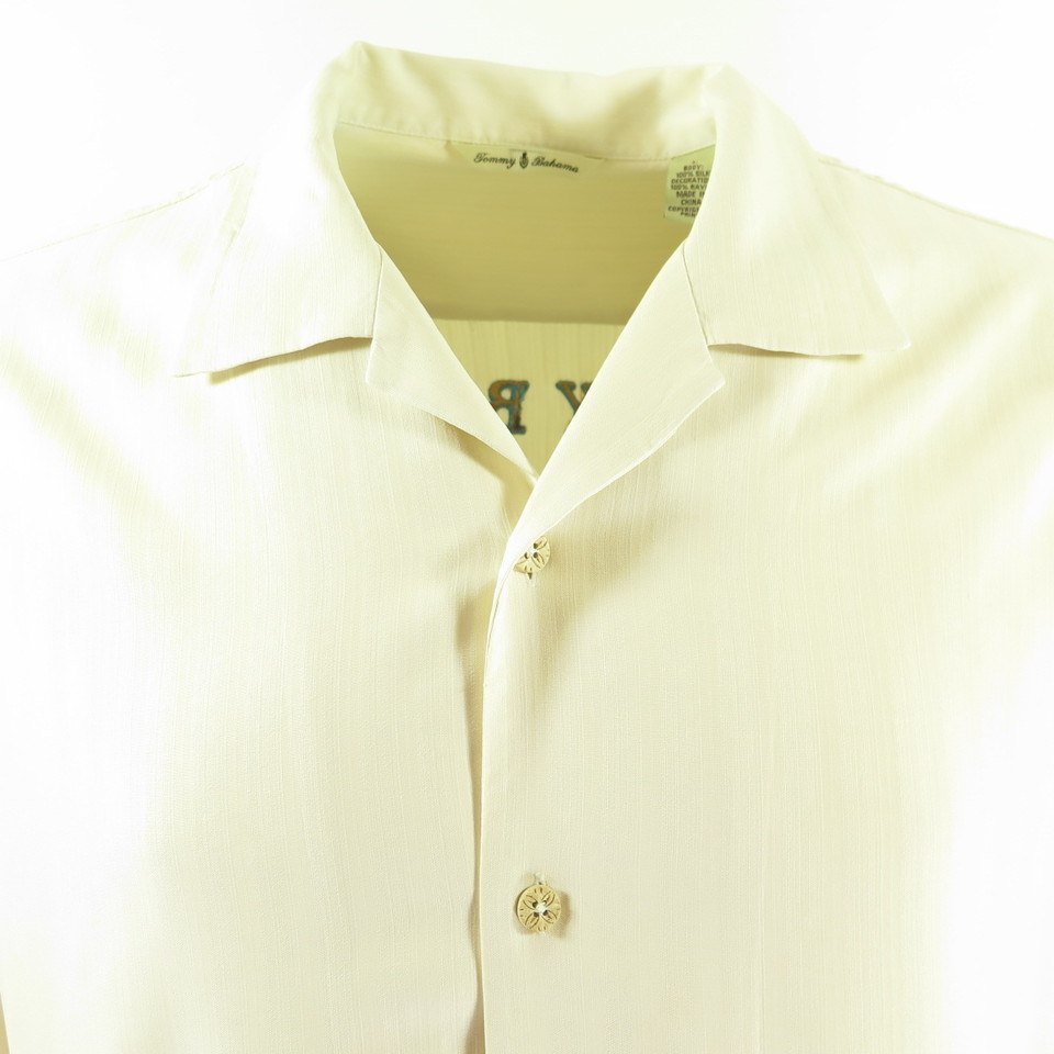 Tommy Bahama Ivory Palm Print Button Up Short Sleeve Silk Shirt Men Si -  beyond exchange