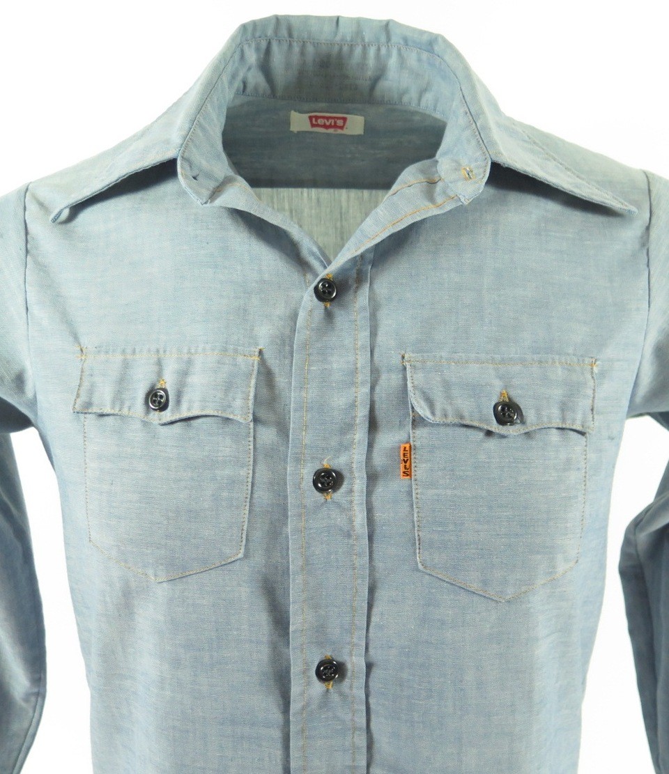 Vintage 60s Levis Work Chore Shirt Mens S Big E Orange Tab Blue
