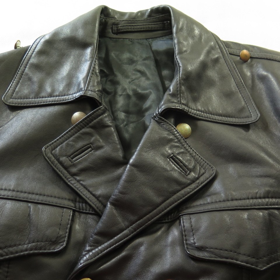 Vintage 80s Police Black Leather Jacket EU 46 US Medium Brass 