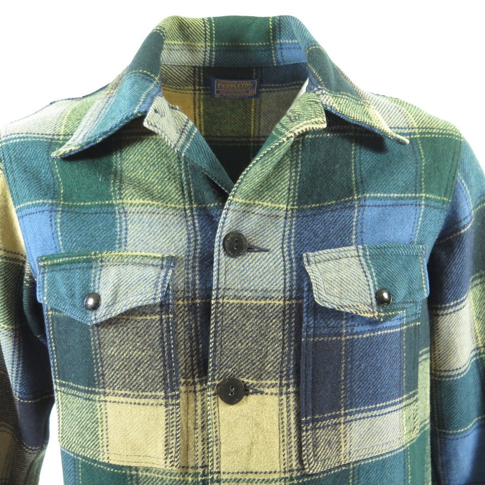 Vintage 60s Pendleton Jacket Mens M Wool Plaid Blue retro pockets