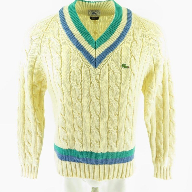 Vintage 80s Lacoste Tennis Sweater Mens M Deadstock Stripes Cable Knit