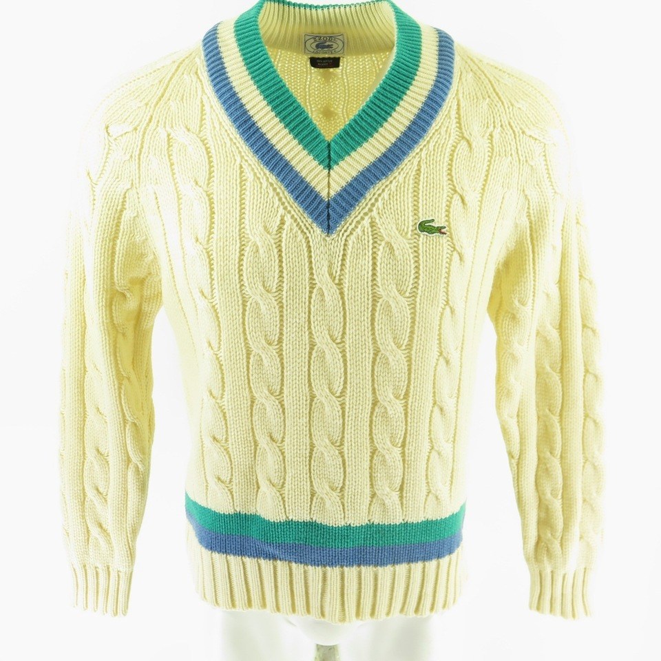 Vintage 80s Lacoste Tennis Sweater Mens M Deadstock Stripes Cable