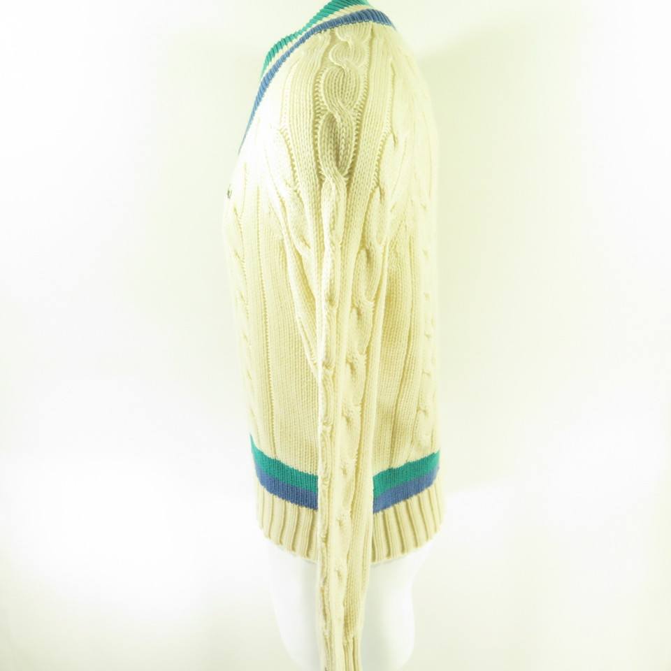 French LACOSTE 1980s／Cable Knit Sweater Vintage 80s Lacoste Tennis Sweater Mens M Deadstock Stripes